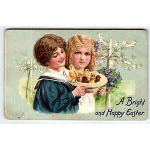 Easter Postcard Tuck 1910's Boy Girl Baby Chicks In Hat Flowers Embossed Ser 112